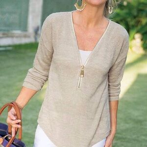 Soft Surroundings Tan Valentina Zip Long Sleeved Sweater Top. Size‎ Medium.